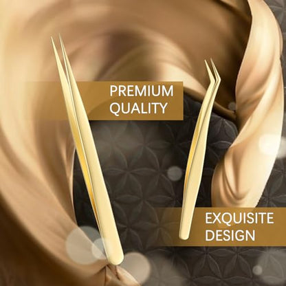 MORGLES Golden Lash Tweezers Set, 5 PCS Professional Eyelash Tweezers - color: Golden
