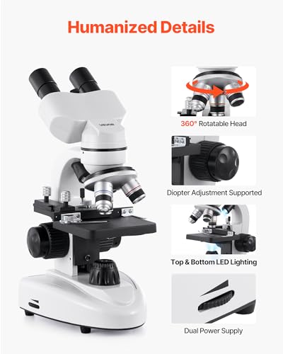 VEVOR Compound Binocular Microscope, 40-2000X Magnification, Professional Compound Microscope for Adult with Phone Adapter, LED Light, Aluminum Alloy Body, for Lab, School, Home, Education - size: 40-2000X