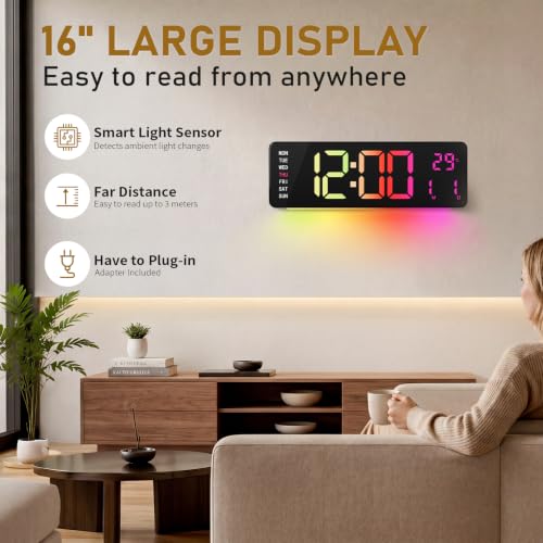 16" Large Digital Wall Clock with RGB LED Display & Remote for Classroom - color: Multicolor