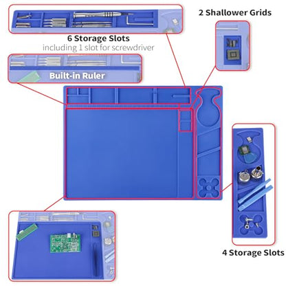 YIHUA M160 Heat-resistant Soldering Mat with Multiple Storage Slots, Built-in Ruler, Bendable Soft Silicone Soldering Mat, Dimensions 13.78 * 9.96 * 0.2 inches (350 * 253 * 5mm) - size: 13.78 in × 9.96 in