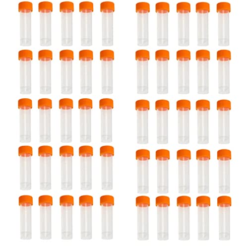 50 Pack 5ml Cryo Tubes，Plastic Graduated Vial Tube with Screw Caps,Small Test Sample Bottles Tubes Container with Lid，PP Material ，with Silica Gel Gasket (51) Bagged Orange