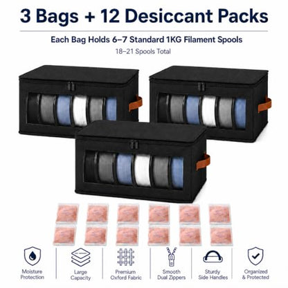 3 Pack 3D Printer Filament Storage Boxes with 12 Desiccant Packs