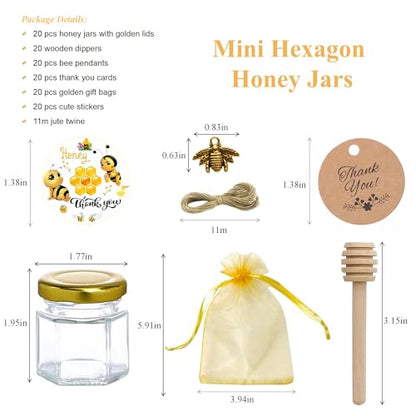 IIKUM 20 Pack Glass Honey Jars, 1.5 oz Hexagon Honey Pots with Lids, Wooden Dippers, Bee Pendants, Gift Bags, Thank You Cards, Jutes and Stickers-Ideal Gift for Baby Shower, Wedding and Party Favors