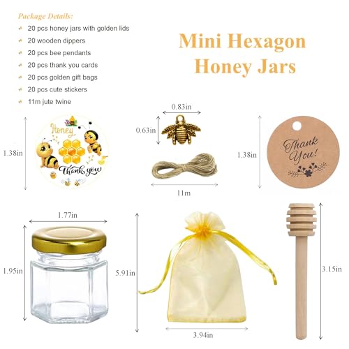 IIKUM 20 Pack Glass Honey Jars, 1.5 oz Hexagon Honey Pots with Lids, Wooden Dippers, Bee Pendants, Gift Bags, Thank You Cards, Jutes and Stickers-Ideal Gift for Baby Shower, Wedding and Party Favors