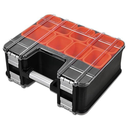 TACTIX Double-Sided Tool Organizer, Toolbox with 8-Storage Bins & 14 Adjustable Dividers & Transparent Lids, Portable Hardware Storage Box for Screws, Nuts, Fishing Accessories (Black&Orange) - style: Double Sided Tool Box