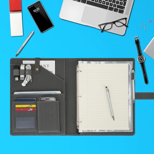Wonderpool A4 PU Leather Portfolio Holder Ring File Document Case with Removable Binder Clipboard, Multi Pocket and Legal Pad for Business Organizer Interview and Meeting (Gray) - color: Gray