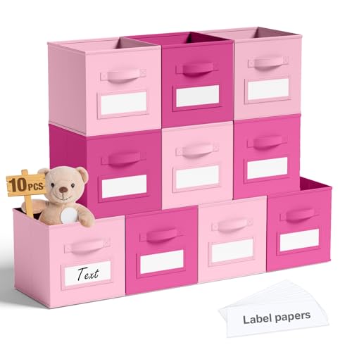 10 Pack Fabric Storage Cubes with Label 11" Collapsible Cube Bins, Pink - color: Pink, Rose Red, size: 11 Inch