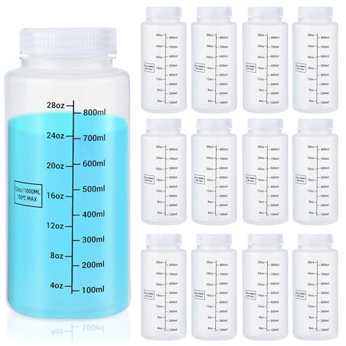 Tatuo 12 Pcs 32oz 1000ml Plastic Sample Bottles with Screw Cap, Liquid Containers with Lid for Lab Reagent Sample Medicine Pill Water Storage, Travel Bottles(Translucent,Wide Mouth-Dark Scale) - color: Translucent, size: 32 oz 1000 ml, style: Wide Mouth-d