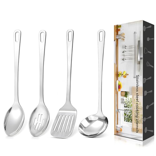 4 Pcs Cooking Utensils Set, Stainless Steel Kitchen Utensils, Heat Resistant Metal Kitchen Tools Include Slotted Turner Wok Spatula, Solid & Slotted Serving Spoon, Ladle, Easy to Clean, Silver - color: F. 4 Pieces