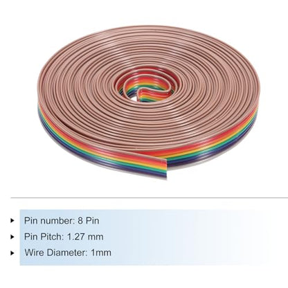 MECCANIXITY 1 Pcs 8 Pin Flat Rainbow Ribbon Cable 20 Ft 1.27mm Pitch Breadboard Jumper Wires for Electronic Projects - size: 20 Ft, style: 8P