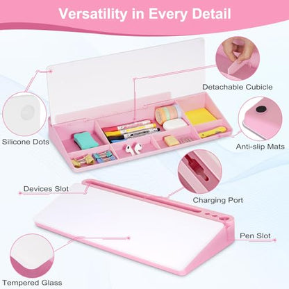 Desktop Glass Whiteboard with Storage, Desk Dry Erase White Board Pink - color: Organizer-pink