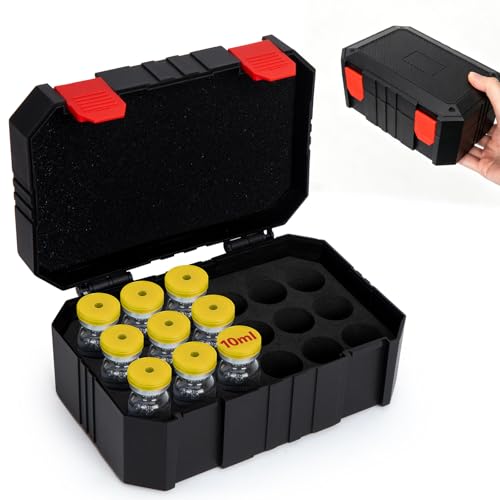 Peptide Case for Fridge, 18 Slots 10ml Vials Holder, Insulin Vial Travel Organizer, Diabetes Medication Storage Case for Daily Use (Black) - color: 10ml-18 Slot-black With Red Snap Button
