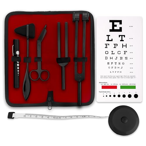 ASA TECHMED Premium 7 Piece Tactical Black Diagnostic Kit - Taylor Hammer, Measuring Tape, Tuning Forks, Bandage Scissors, Pupil Gauge Penlight, Snellen Eye Chart (Black) - color: Black