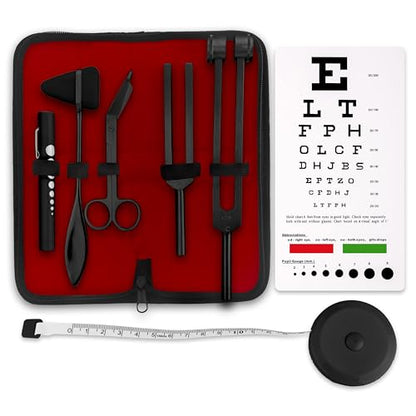 ASA TECHMED Premium 7 Piece Tactical Black Diagnostic Kit - Taylor Hammer, Measuring Tape, Tuning Forks, Bandage Scissors, Pupil Gauge Penlight, Snellen Eye Chart (Black) - color: Black