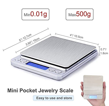 Food Scale Digital Weight Grams and Ounces, 0.001oz/0.01g 500g Kitchen Scale for Food with Backlight LCD Display, Tare, 9 Units, Auto Off, 2 Trays, Batteries Included - Stainless Steel - size: 500g/0.01g