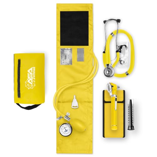 ASA TECHMED Nurse Essentials Professional Kit with Handheld Travel Case | 3 Part Kit Includes Adult Aneroid Sphygmomanometer Blood Pressure Monitor, Stethoscope, Diagnostic Otoscope (Yellow) - color: Yellow