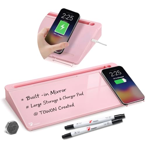 TOWON Glass Desk Whiteboard 17x6 in, Wireless Charger and Storage, Pink - color: Charger Pink