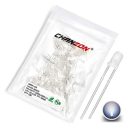CHANZON 100 pcs 3mm White Diffused LED Diode Lights (DC 3V 20mA) - color: B) White-white (100pcs)