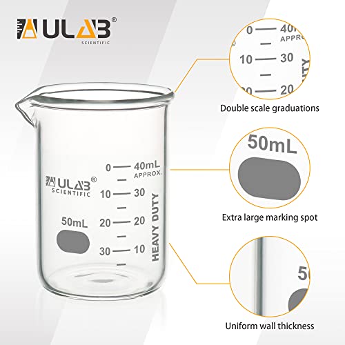 ULAB Heavy Duty Glass Beakers, 5pcs of Vol.50ml(1.7oz), Borosilicate 3.3 Glass, Thick Wall Beakers, with Double Scale, Superior Durability & Chemical Resistance, UBG1068 - style: 5pcs of Vol.50ml
