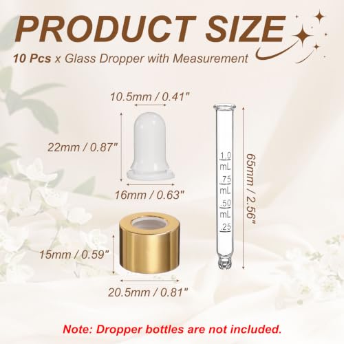 PATIKIL Glass Eye Dropper w/Measurement mark for 1,2oz Glass Bottles 10Pcs - color: White/Gold Top, size: 1/2oz
