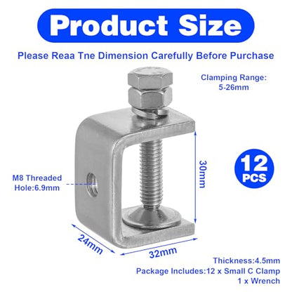 12 Pcs 304 Stainless Steel C Clamp, Heavy Duty C Clamp, Mini Tiger Clamps Set for Mounting, Small Desk G-Clamps with 1.2 Inch Stable Wide Jaw Opening for Metal Working Woodworking Welding Building