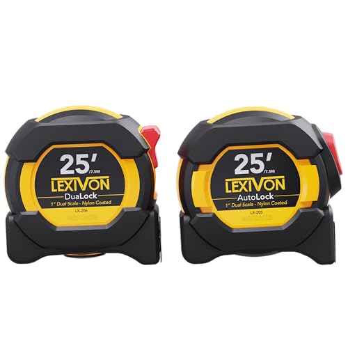 LEXIVON [2-Pack] 25Ft/7.5m Tape Measure, DuaLock & AutoLock | 1-Inch Wide Blade with Nylon Coating, Matt Finish White & Yellow Dual Sided Rule Print | Ft/Inch/Fractions/Metric (LX-204) - size: 2PK-25FT DuaLock & AutoLock