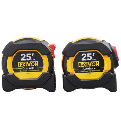 LEXIVON [2-Pack] 25Ft/7.5m Tape Measure, DuaLock & AutoLock | 1-Inch Wide Blade with Nylon Coating, Matt Finish White & Yellow Dual Sided Rule Print | Ft/Inch/Fractions/Metric (LX-204) - size: 2PK-25FT DuaLock & AutoLock