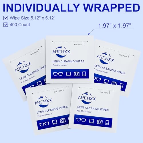 ARCHXX 400 Count Lens Wipes for Eyeglasses, +1 Clip-On Pouch Microfiber Lens Cleaner, Individually Wrapped Pre-Moistened Eye Glasses Cleaner Wipes for Glasses, Sunglasses, Camera Lenses, Streak-Free