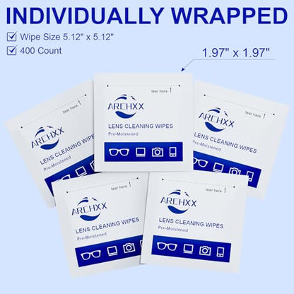 ARCHXX 400 Count Lens Wipes for Eyeglasses, +1 Clip-On Pouch Microfiber Lens Cleaner, Individually Wrapped Pre-Moistened Eye Glasses Cleaner Wipes for Glasses, Sunglasses, Camera Lenses, Streak-Free