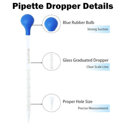 4-Pack Glass Graduated Pipettes with Thick Rubber Bulbs - 5ml and 10ml Droppers Set Includes Stir Rod & Cleaning Brush, Liquid Transfer & DIY Projects
