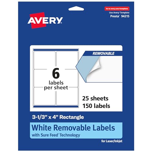 Avery Matte White Removable Rectangle Labels, Sure Feed Technology, 3-1/3" x 4", 150 Removable Labels, Laser/Inkjet Printable - style: 150 labels