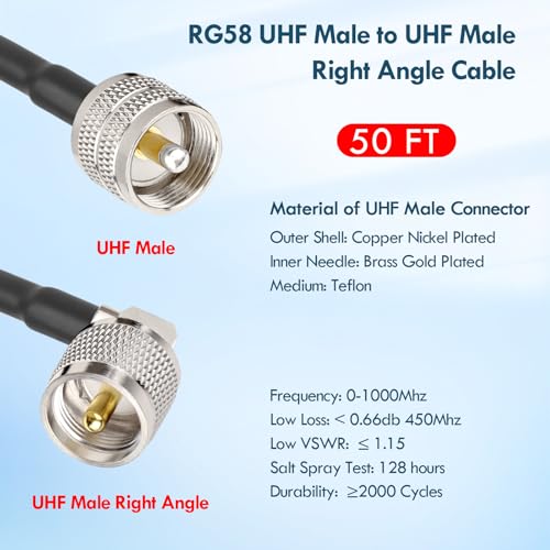 MOOKEERF CB Coax Cable - RG58 UHF PL-259 Male to Male Right Angle Coaxial Cable 50FT Low Loss Cb Antenna Cable Jumper Cable for CB Radio, HAM Radio, Antenna Analyzer, SWR Meter - size: 50FT
