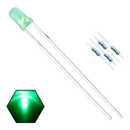 100pcs 3mm Green Lights LED Diodes (Green Lens) Diffused Round Lens 29mm Long Lead (DC 3V) +100pcs Resistors (for DC 6-12V) Included,Bulb Lamps Light Emitting Diode - color: [05] Green-green / 100pcs, style: 3mm Constant Light