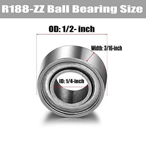 R188-ZZ Bearing 1/4x1/2x3/16in, Metal Shielded Steel 10-Pack