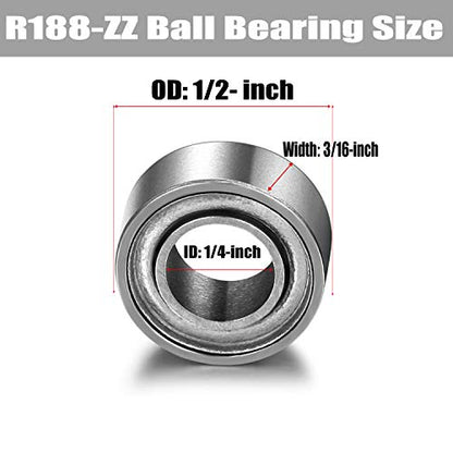 R188-ZZ Bearing 1/4x1/2x3/16in, Metal Shielded Steel 10-Pack