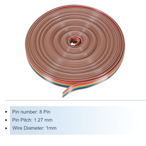 MECCANIXITY 1 Pcs 8 Pin Flat Rainbow Ribbon Cable 30 Ft 1.27mm Pitch Breadboard Jumper Wires for Electronic Projects - size: 30 Ft, style: 8P