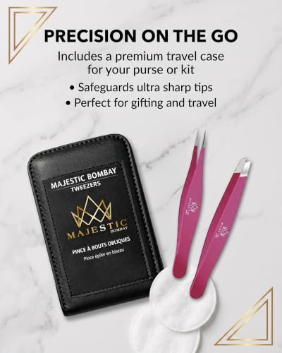 Majestic Bombay Precision Tweezers Set, Fine Point, Slant, Women and Men - color: Pink