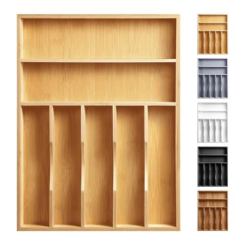 Kitchen Bamboo Silverware Organizer, Kitchen Drawer Organizer - Utensil Holder and Cutlery Tray with Grooved Drawer Dividers for Flatware 7 Slot, Natural - color: Natural, size: 7 Slots