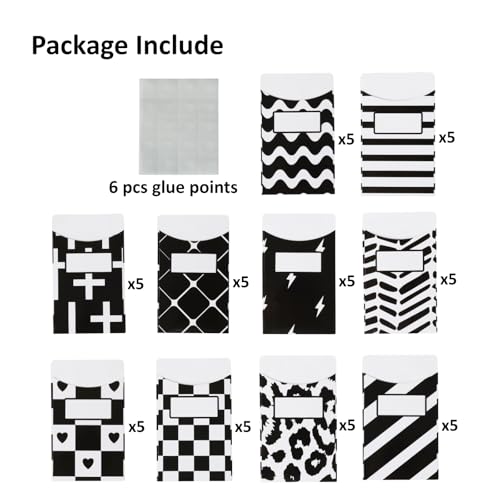 50 Pcs Black & White Classroom Jobs Bulletin Board Pocket Chart Set 10 Unique Designs Library Pockets 3.5x5 Inches Card Stock Envelopes with Adhesive Dots for Back to School Classroom - color: Black N White, size: 3.5x5 IN - 50 Count