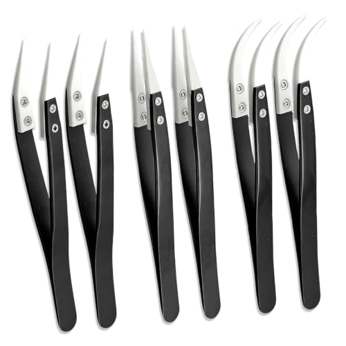 6 Pcs Precision Reverse Ceramic Tweezers Set, Anti-Magnetic Non-Conductive Heat-Resistant Soldering Tweezers with Straight & Curved Tips for Electronics Repair, Coil Pinching.