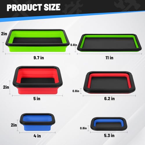 3Pcs Collapsible Magnetic Parts Tray Set, 3 Different Size Tool Trays - color: Green (L) +Red (M) + Blue (S)