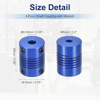 Flexible Shaft Coupling(5mm|6.35mm): 4 Pcs Blue Aluminum Alloy - color: Blue, size: 5mm x 6.35mm (19mm OD, 25mm L)