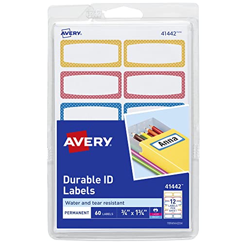 Avery® Durable Labels for Kids' Gear, 3/4" x 1-3/4", Assorted Border Colors, Water-Resistant Labels, 60 Total (41442) - size: 3/4 in. x 1-3/4 in. (Pack of 1)