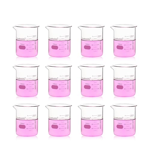 12pcs 150ml Upgrated Thick Glass Beakers, Griffin Low Form Beaker Set with Double Scale, 3.3 Boro, LVA007 - style: 12pcs of Vol.150ml