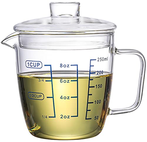 Glass Measuring Cup with Lid, Graduated Beaker Mug with Handle, Borosilicate Glass V-Shaped Spout Microwave Safe Scales Milk Cup for Cooking Baking (1cup/8oz/250ml) - size: 8 fl oz