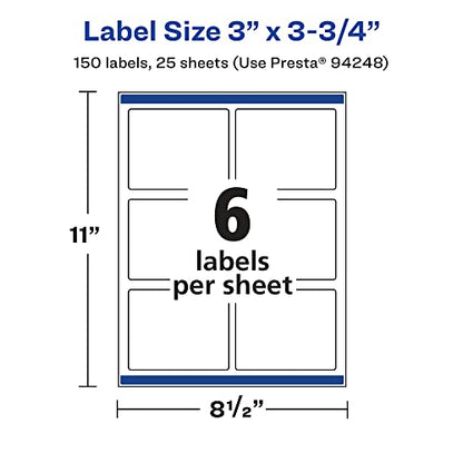 Avery Printable Durable White Rectangle Labels, Sure Feed Technology, 3" x 3.75", Print-to-the-Edge, Waterproof Labels, Laser & Pigment-Based Inkjet Compatible, 150 Total - style: 150 labels