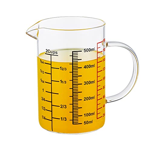 Ackers BORO3.3 Glass Measuring Cup-[Insulated handle | V-Shaped Spout]-Made of High Borosilicate Glass Measuring Cup for Kitchen or Restaurant, Easy to Read, 500 ML (16 Oz, 2 Cup) - size: 2Cup,500ml(High Borosilicate Glass)