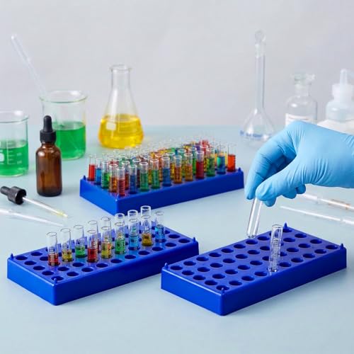 Lawei 6 Pack Vial Rack for 2ml HPLC Sample Bottles, 50 Holes with 13mm Diameter, Stackable Test Tube Holder, Durable Polypropylene Tube Rack, Centrifuge & Lab Bottle Holder with Numbered Grid, Blue