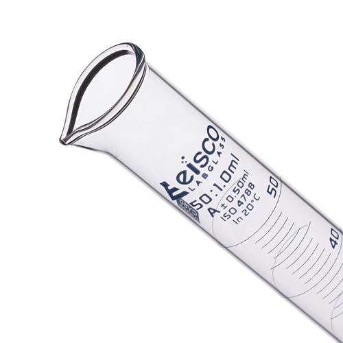 Graduated Cylinder, 50ml - Class A Tolerance ±0.50ml - Round Base - Blue Graduations - Borosilicate 3.3 Glass - Eisco Labs - size: 50mL