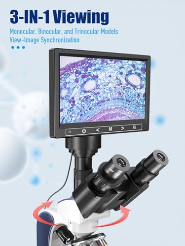 VITANO Microscope for Adults with 40X-2500X Magnification, Dual-View Lab Trinocular Compound Microscope with 7''Screen, Double Layer Mechanical Stage, Dual Illumination, Built in Camera (Blue)